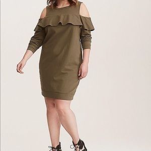 NWT - Torrid 0/12 - Olive Ruffled cold shoulder sweatshirt dress